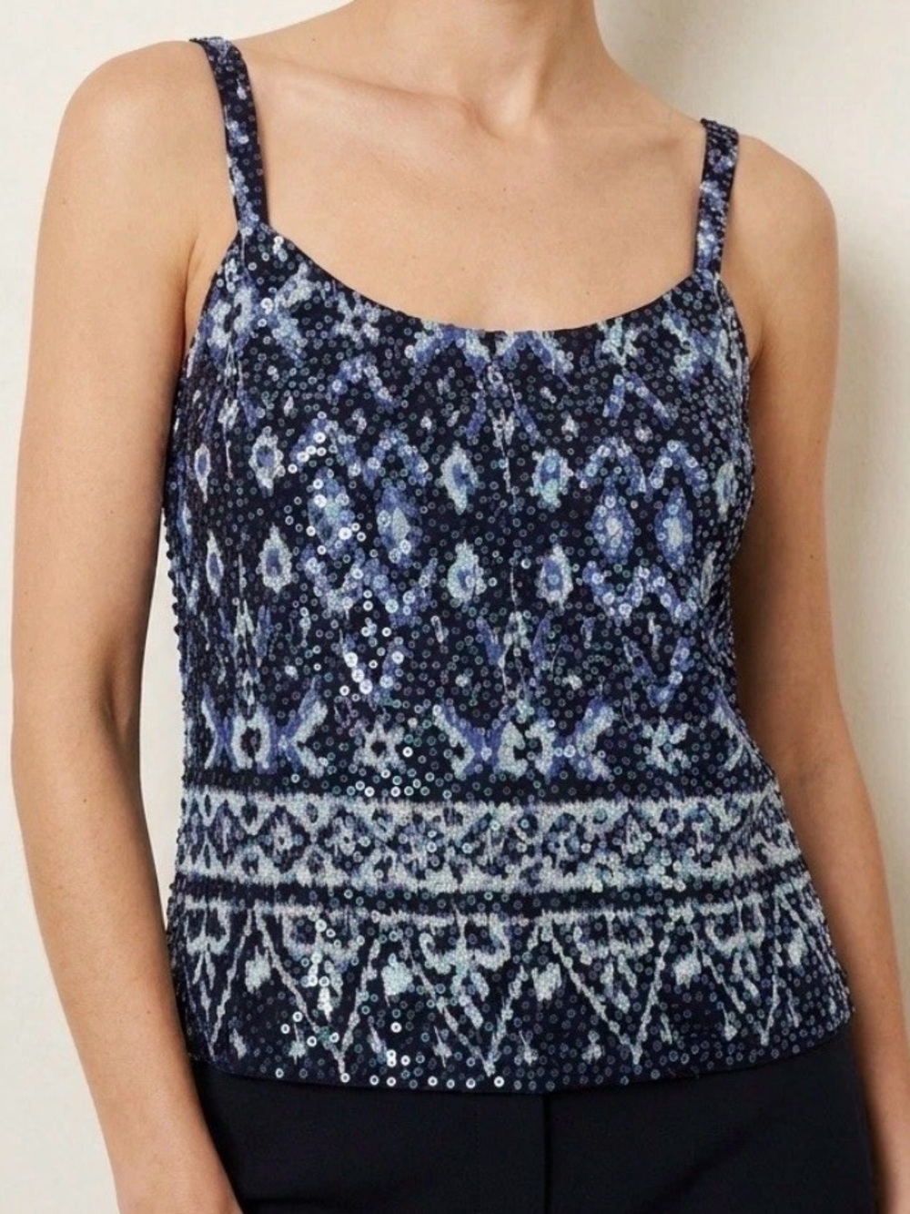 Lafayette 148 Blue Sequin Ikat Camisole Top 6 Boho Party Old Money Corpcore